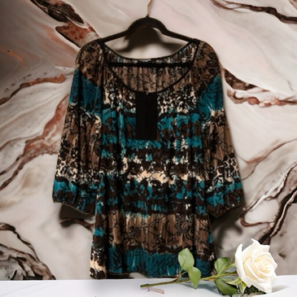 Perseption Women Brown/Teal/Black/Cream Abstract Floral & Leaf Print Top